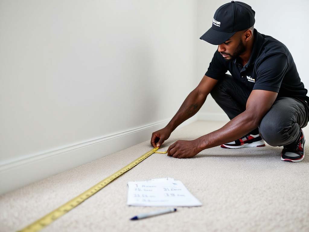 Carpet stretching expert measuring a carpet for a free estimate
